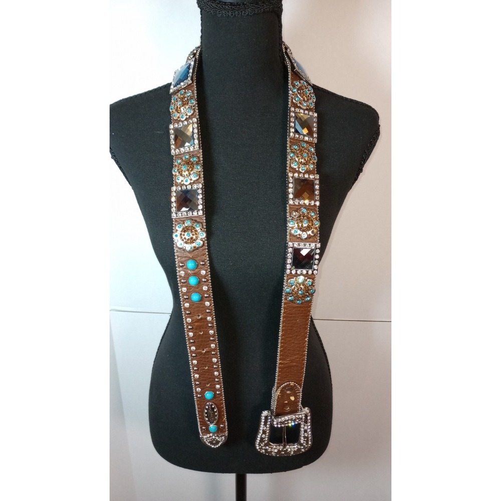 WB Atlas Brown Leather Blue Crystal Jeweled Western Belt Silver Buckle XL 48